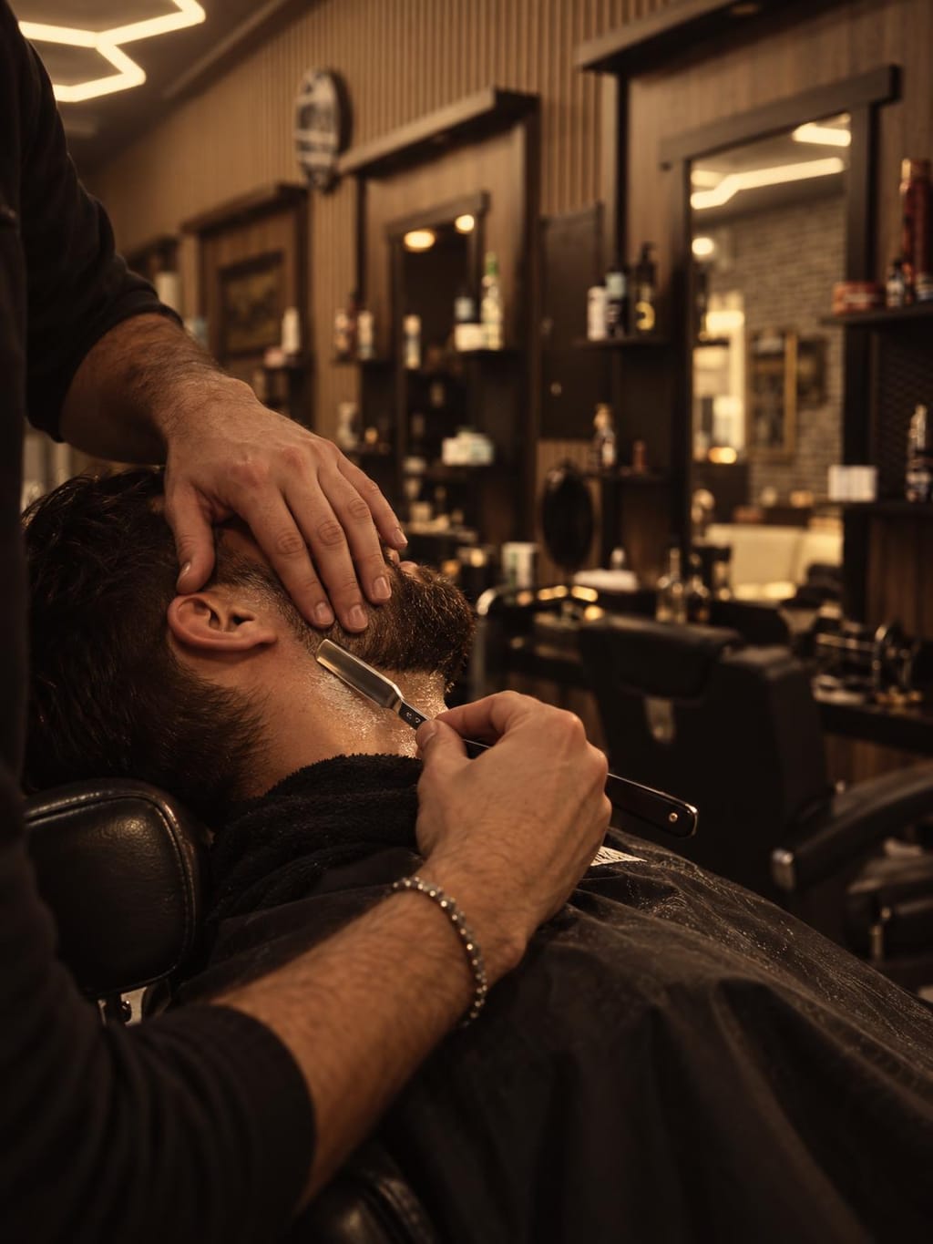 Bartkontur mit dem Rasiermesser im Barberstuhl