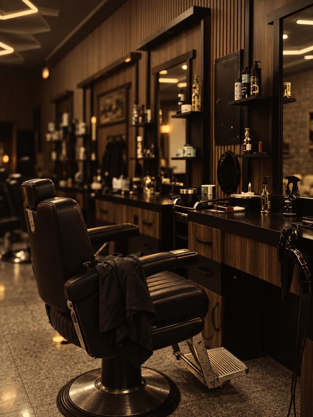 Leerer schwarzer Barberstuhl bei Bruder’s 47, bereit für den nächsten Gast